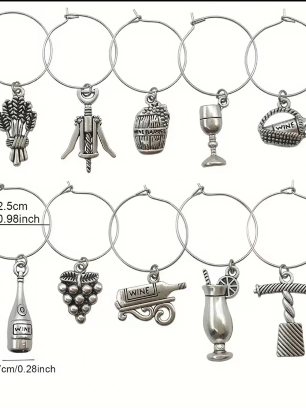 🆕 Set of 10 Wine Glass Markers Silver Wine Charm Hoop Set - 12pcs